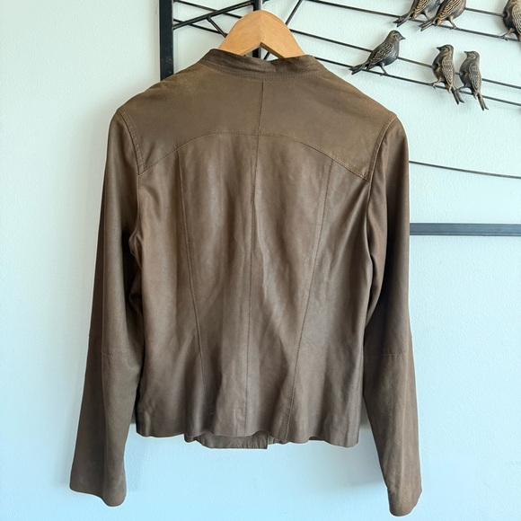 Etcetera Women Brown Genuine Leather Asymmetrical Snap Jacket Size 4 Taupe Moto - Picture 6 of 15